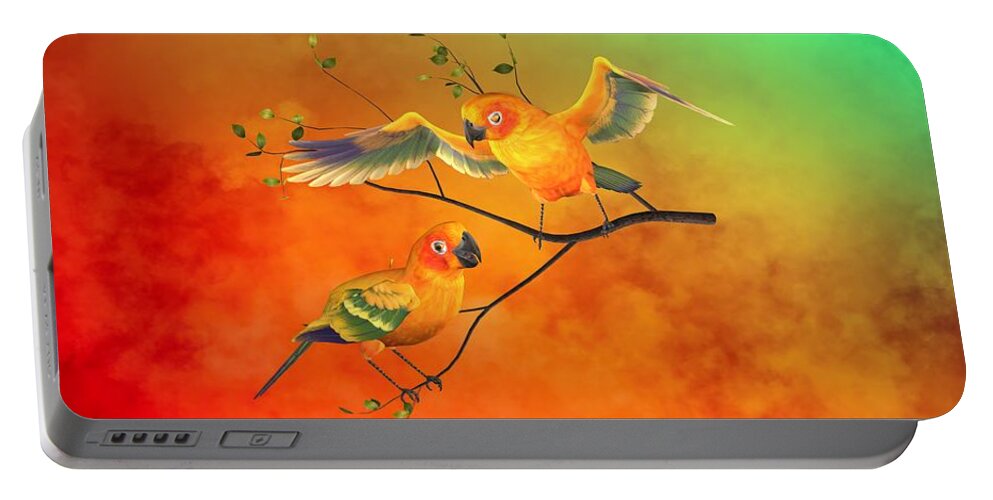 Parrots Portable Battery Charger featuring the mixed media Parrots Sun Conures by Diane K Smith
