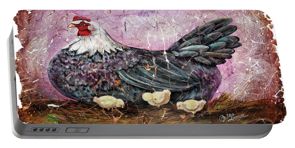  Mosaic Portable Battery Charger featuring the digital art Vintage Blue Hen with Chicks Fresco by OLena Art by Lena Owens - Vibrant DESIGN