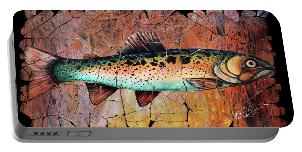 Mosaic Portable Battery Charger featuring the painting Vintage Red Trout Fresco Every Fisherman should have inspiring art and of course a Fisherman Prayer by OLena Art