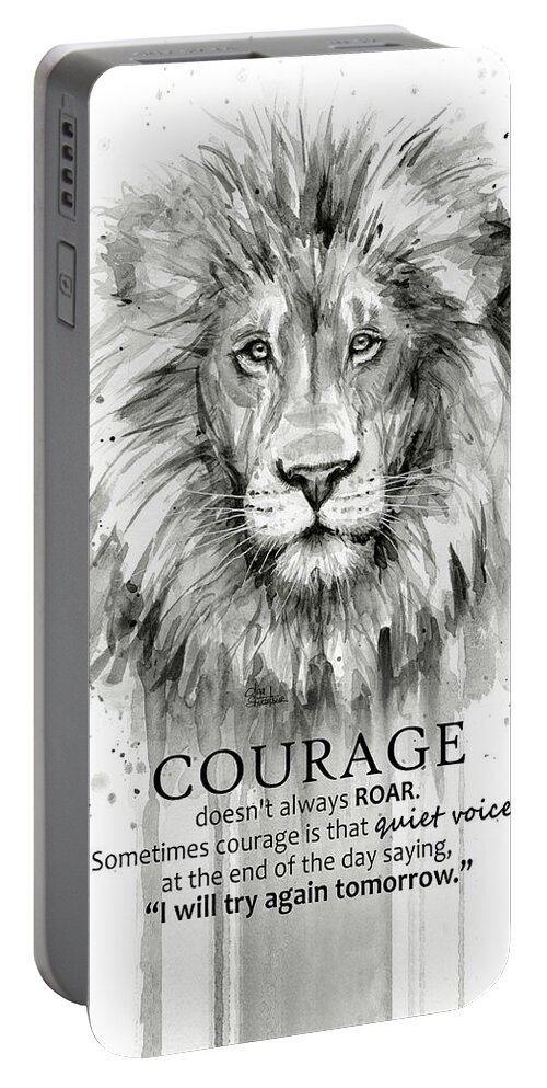 Lion Portable Battery Charger featuring the painting Lion Courage Motivational Quote Watercolor Animal by Olga Shvartsur