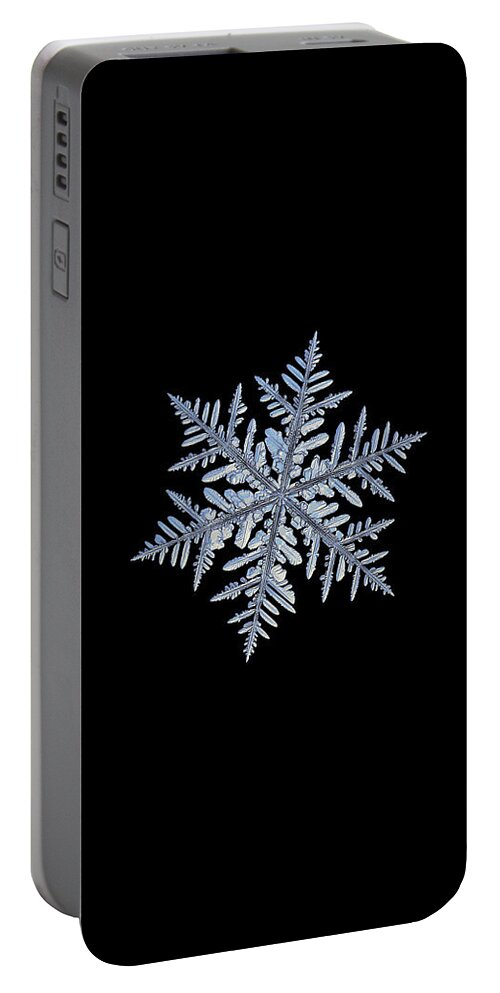 Snowflake Portable Battery Charger featuring the photograph Real snowflake - Silverware black by Alexey Kljatov