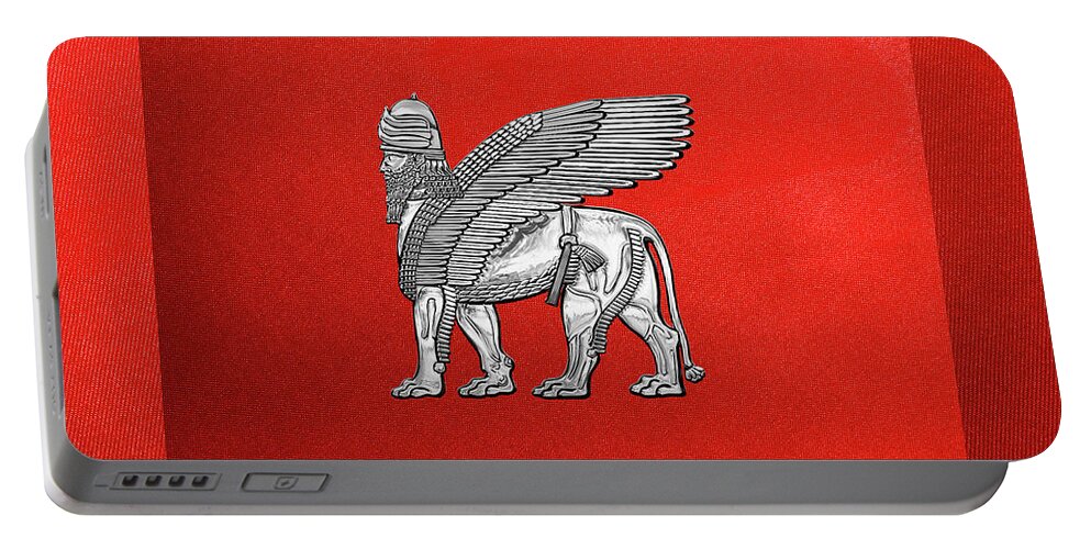 ‘treasures Of Mesopotamia’ Collection By Serge Averbukh Portable Battery Charger featuring the digital art Assyrian Winged Lion - Silver Lamassu over Red Canvas by Serge Averbukh