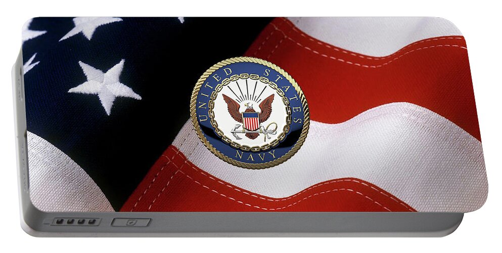 'military Insignia & Heraldry 3d' Collection By Serge Averbukh Portable Battery Charger featuring the digital art U. S. Navy - U S N Emblem over American Flag #1 by Serge Averbukh