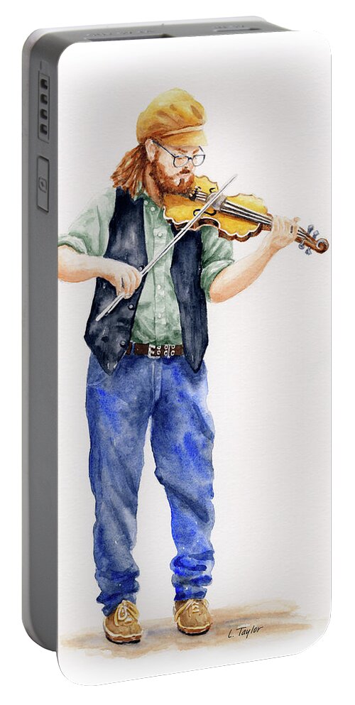Musician Portable Battery Charger featuring the painting Main Street Minstrel 1 by Lori Taylor
