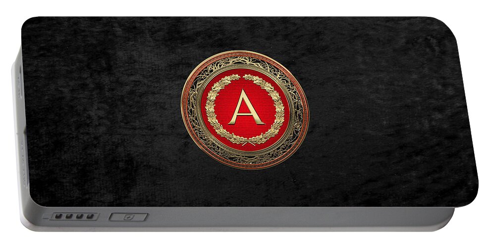 'monograms' Collection By Serge Averbukh Portable Battery Charger featuring the digital art A - Gold on Red Vintage Monogram in Oak Wreath over Black Velvet by Serge Averbukh