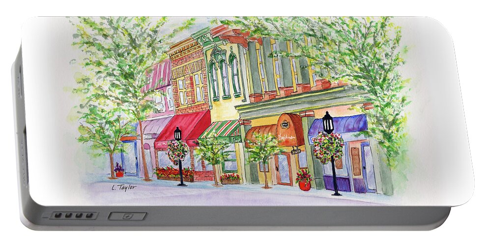 Ashland Oregon Portable Battery Charger featuring the painting Plaza Shops by Lori Taylor