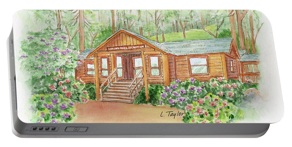 Log Cabin Portable Battery Charger featuring the painting Office in the Park by Lori Taylor