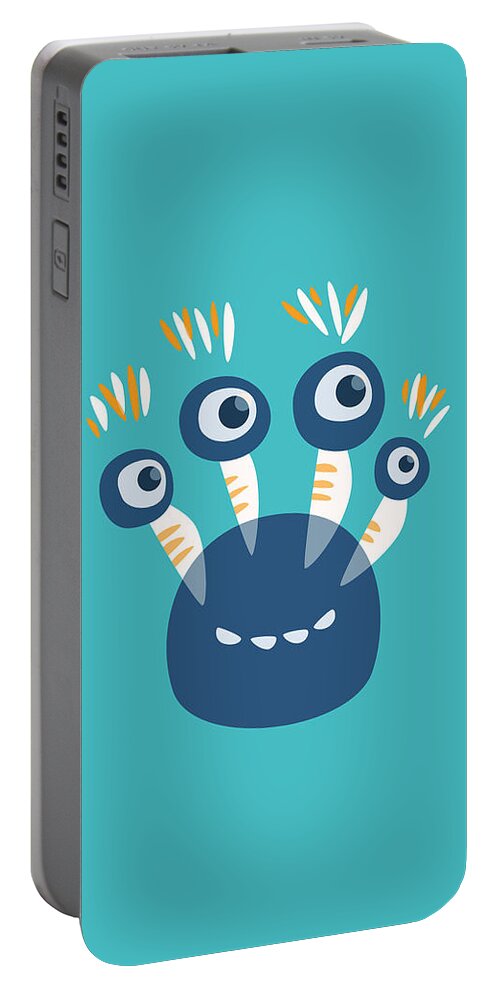 Vector Portable Battery Charger featuring the digital art Cute Blue Four Eyed Monster by Boriana Giormova