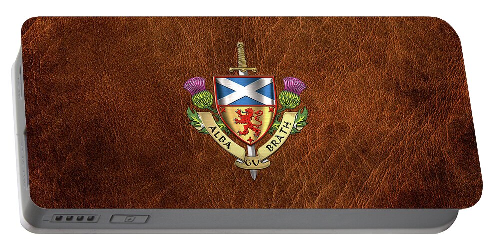 “world Heraldry” Collection Serge Averbukh Portable Battery Charger featuring the digital art Scotland Forever - Alba Gu Brath - Symbols of Scotland over Brown Leather by Serge Averbukh