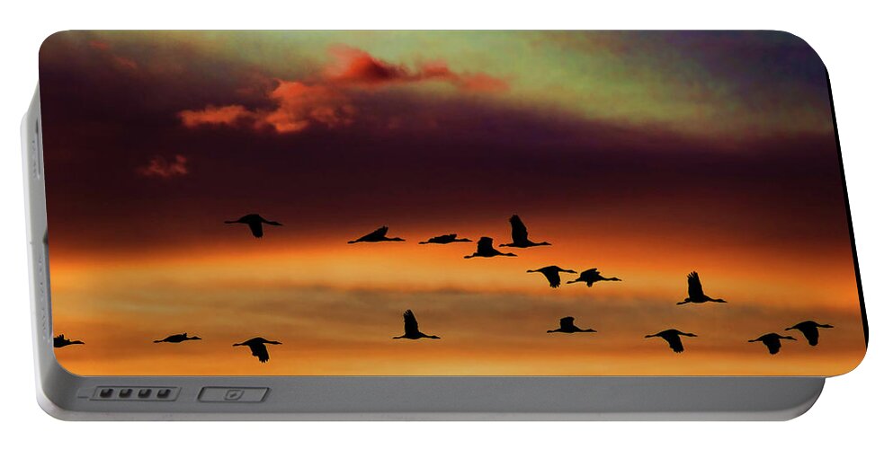 Bill Kesler Photography Portable Battery Charger featuring the photograph Sandhill Cranes Take The Sunset Flight by Bill Kesler