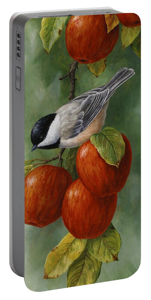 Birds Portable Battery Charger featuring the painting Bird Painting - Apple Harvest Chickadees by Crista Forest