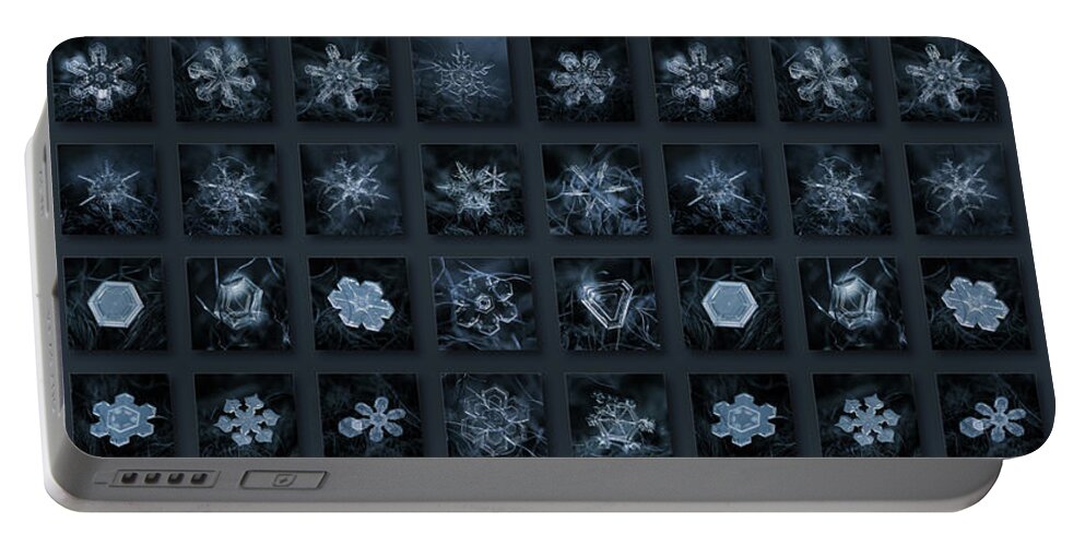 Snowflake Portable Battery Charger featuring the photograph Snowflake collage - Season 2013 dark crystals by Alexey Kljatov