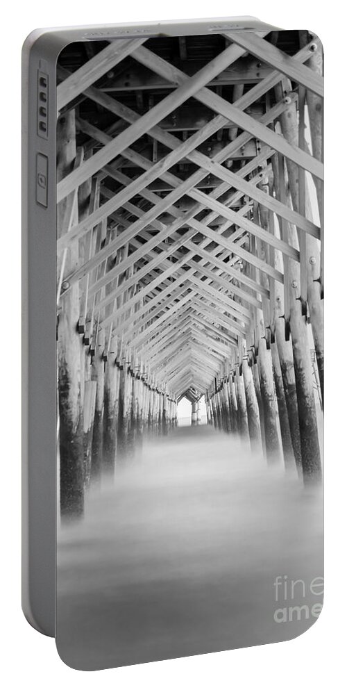 Folly Beach Portable Battery Charger featuring the photograph As The Water Fades Grayscale by Jennifer White
