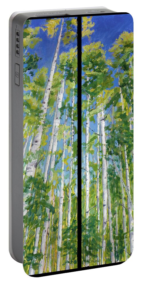 Diptych Portable Battery Charger featuring the painting Aspen Twin Perspectives by Mary Benke