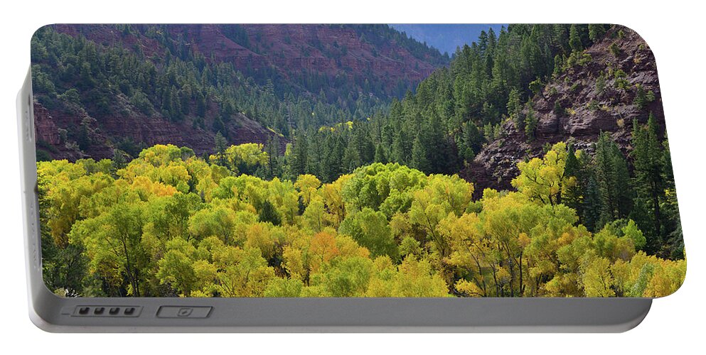 Colorado Portable Battery Charger featuring the photograph Aspens in Full Color along Highway 145 and San Miguel River by Ray Mathis