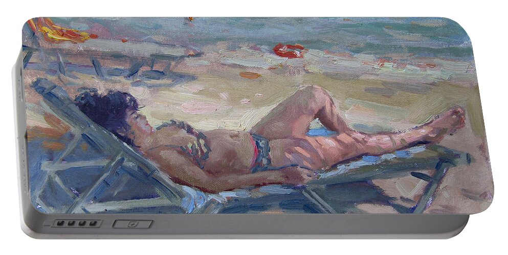 Dilesi Beach Portable Battery Charger featuring the painting At Dilesi Beach Athens by Ylli Haruni