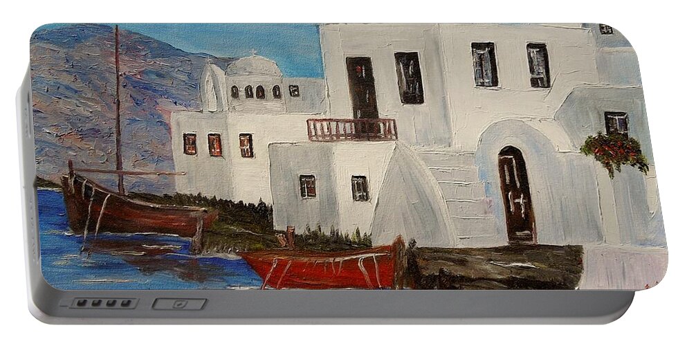 Boat Portable Battery Charger featuring the painting At home in Greece by Marilyn McNish