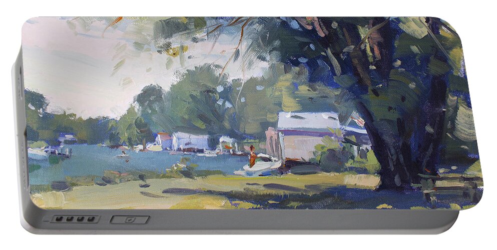 Myers Park Portable Battery Charger featuring the painting At Mayors Park by Ylli Haruni