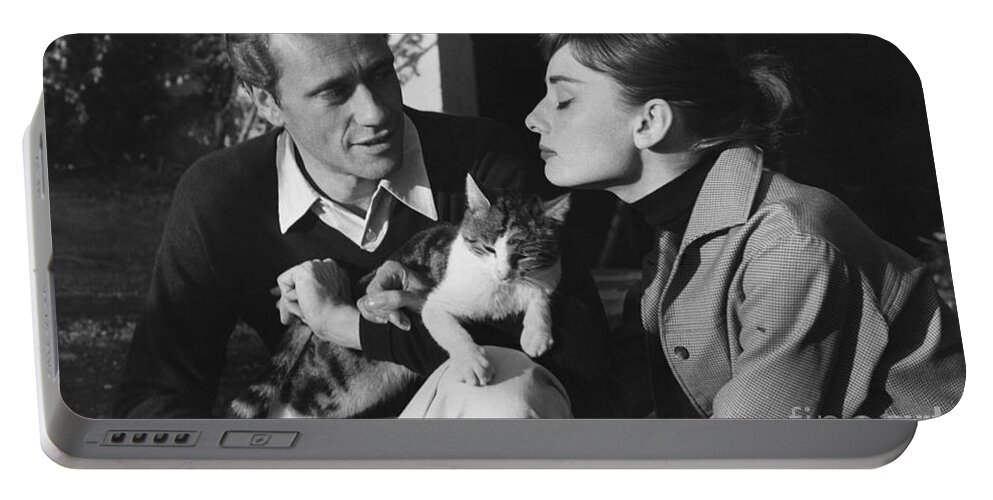B&w Portable Battery Charger featuring the photograph Audrey Hepburn and Mel Ferrer by George Daniell