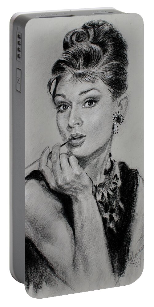 Audrey Hepburn Portable Battery Charger featuring the drawing Audrey Hepburn by Ylli Haruni