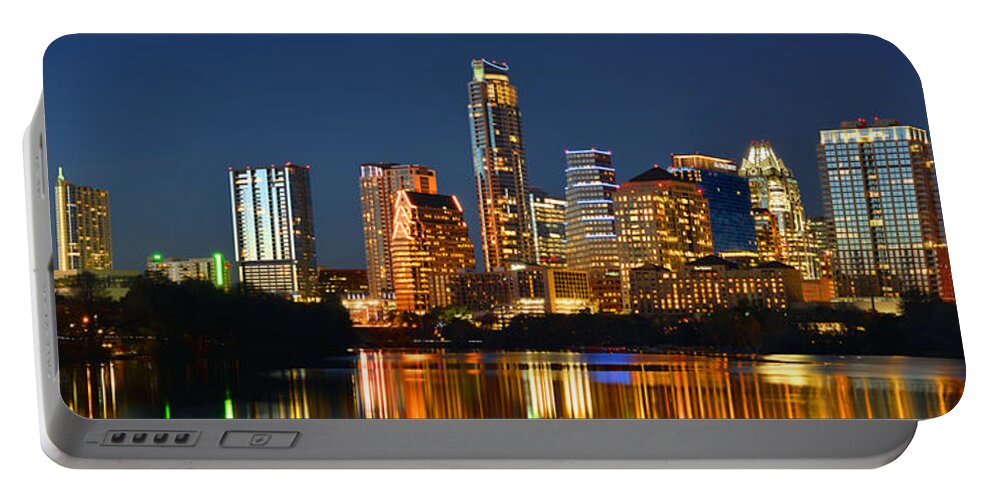 Austin Skyline Portable Battery Charger featuring the photograph Austin Skyline at Night Color Panorama Texas by Jon Holiday