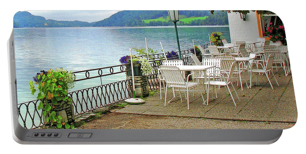 Fuschl Lake Portable Battery Charger featuring the photograph Austrian Cafe on the Lake by Kathy Kelly