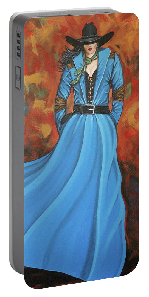 Cowgirl Portable Battery Charger featuring the painting Autumn Blue by Lance Headlee