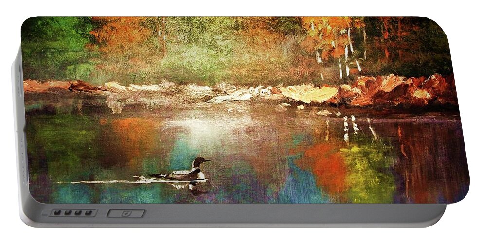 Loon Portable Battery Charger featuring the painting Autumn Lake Reflections by Al Brown