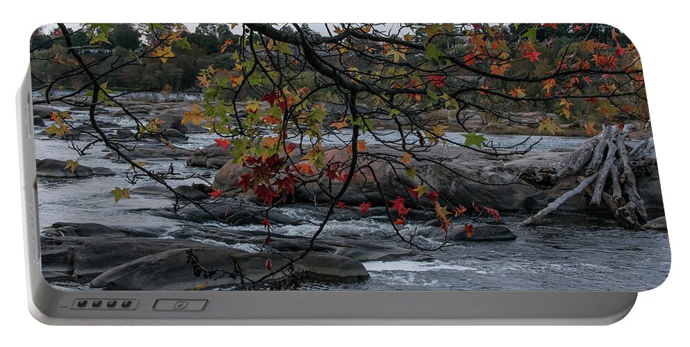 Fall Portable Battery Charger featuring the photograph Autumn leaves frame the James River by Liz Albro