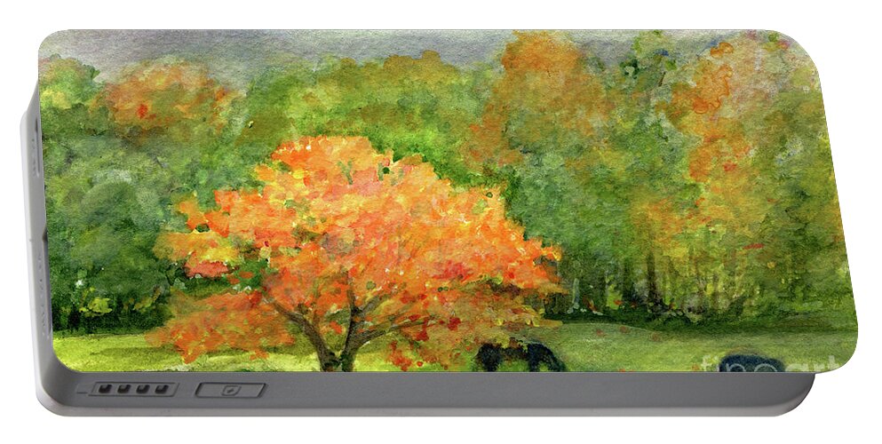 Watercolor Portable Battery Charger featuring the painting Autumn Maple with Horses Grazing by Laurie Rohner