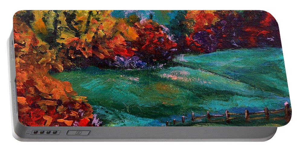 Abstract Landscape Portable Battery Charger featuring the painting Autumn Meadow by Lidija Ivanek - SiLa