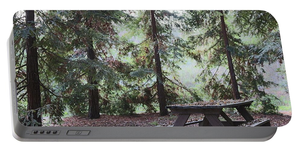 Woods Portable Battery Charger featuring the photograph Autumn Picnic in the woods by Christy Pooschke