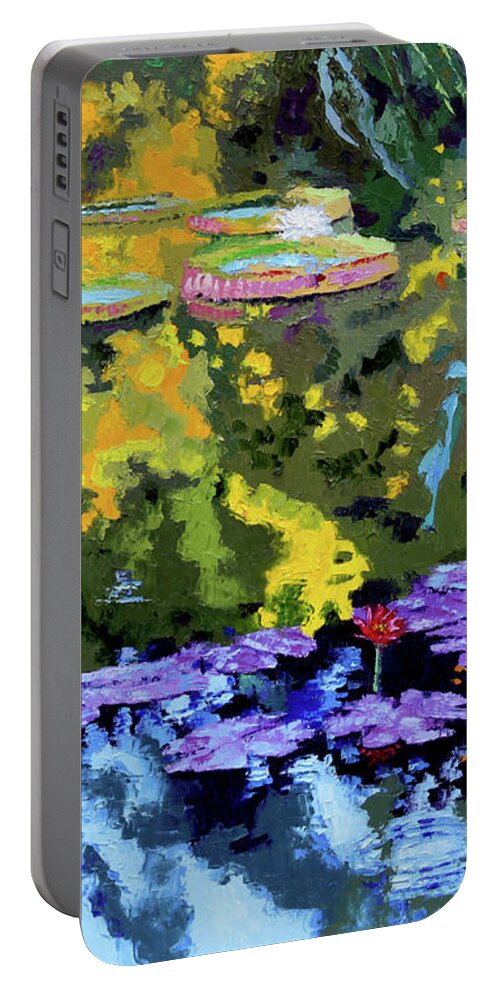 Garden Pond Portable Battery Charger featuring the painting Autumn Reflections on the Pond by John Lautermilch