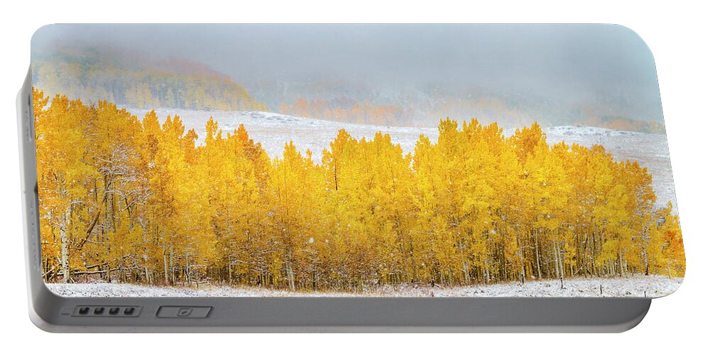 Aspen Trees Portable Battery Charger featuring the photograph Autumn Snowstorm by Teri Virbickis