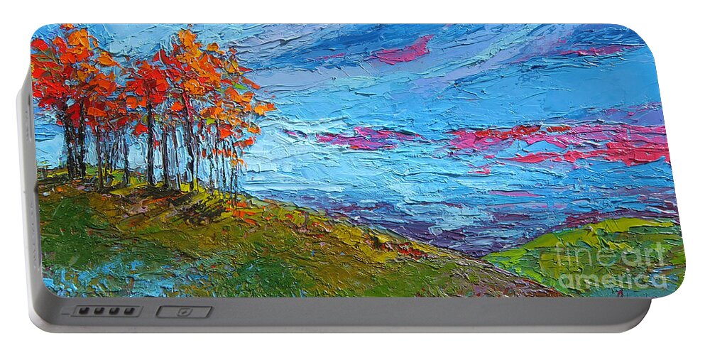 Autumn Colors Portable Battery Charger featuring the painting Autumn Sunset - Modern Impressionist palette knife oil painting by Patricia Awapara