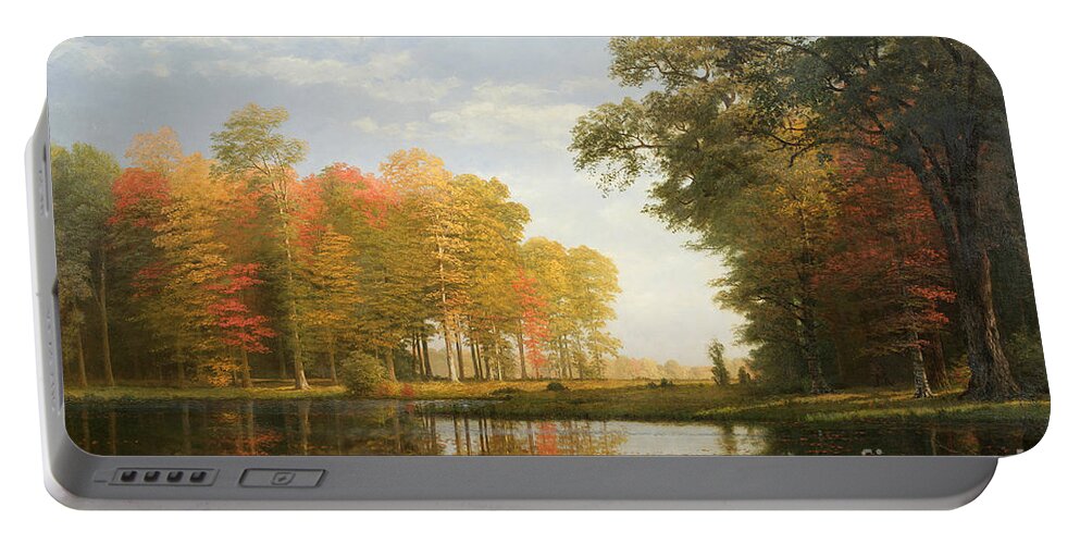 The Fall Portable Battery Charger featuring the painting Autumn Woods by Albert Bierstadt