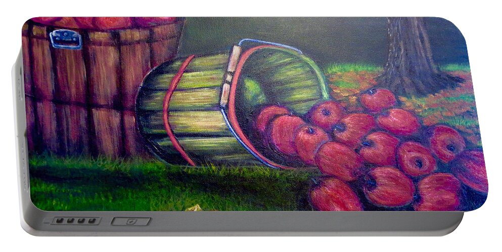 Red Delicious Apples Freshly Picked And In Two Old Fashioned Or Vintage Wooden Buckets Apples Falling Out Of The Green Bucket Onto The Grass Pile Of Leaves Freshly Racked On The Lawn Red Maple Tree With Turning Leaves In Background Dynamic Still Life Scene Acrylic Portable Battery Charger featuring the painting Autumn's Bounty in Tennessee by Kimberlee Baxter