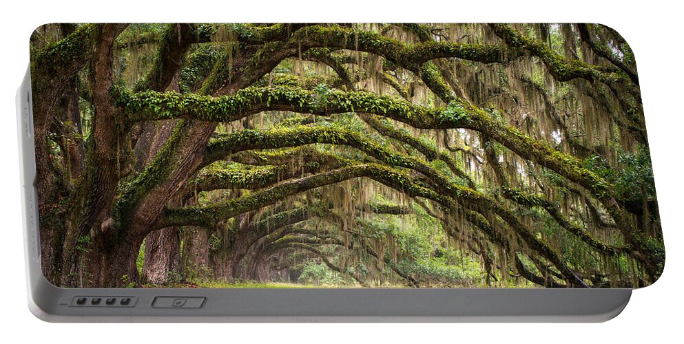 Charleston Sc Portable Battery Charger featuring the photograph Avenue of Oaks - Charleston SC Plantation Live Oak Trees Forest Landscape by Dave Allen