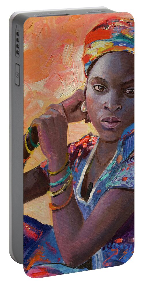 Beautiful Portable Battery Charger featuring the painting Awa, Beautiful Girl from Senegal by Sefedin Stafa