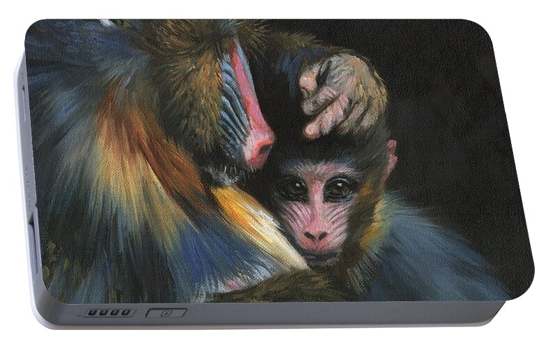Baboob Portable Battery Charger featuring the painting Baboon Mother and Baby by David Stribbling
