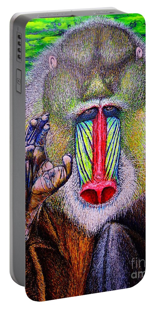 Baboon By Viktor Lazarev Portable Battery Charger featuring the painting Baboon by Viktor Lazarev
