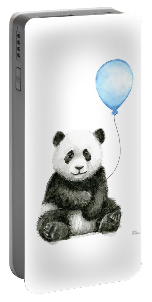 Baby Panda Portable Battery Charger featuring the painting Baby Panda with Blue Balloon Watercolor by Olga Shvartsur