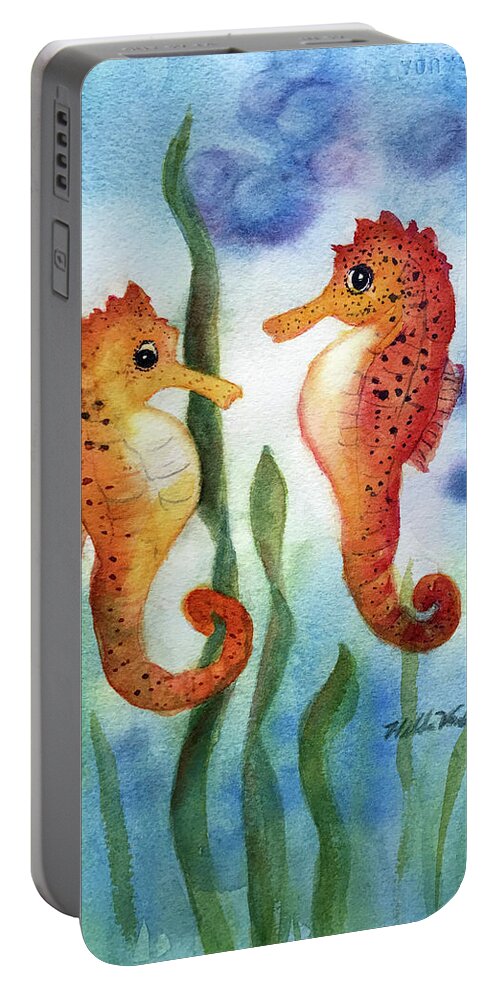 Seahorses Portable Battery Charger featuring the painting Baby Seahorses by Hilda Vandergriff