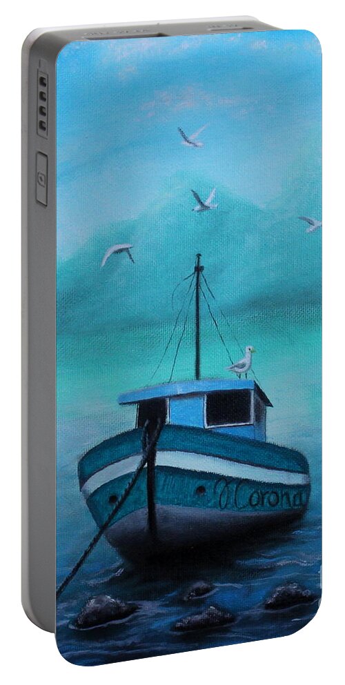 Boat Portable Battery Charger featuring the painting Back to shore by Jose Corona