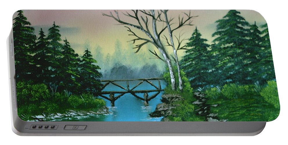 Landscape Portable Battery Charger featuring the painting Back Woods Bridge by Jim Saltis
