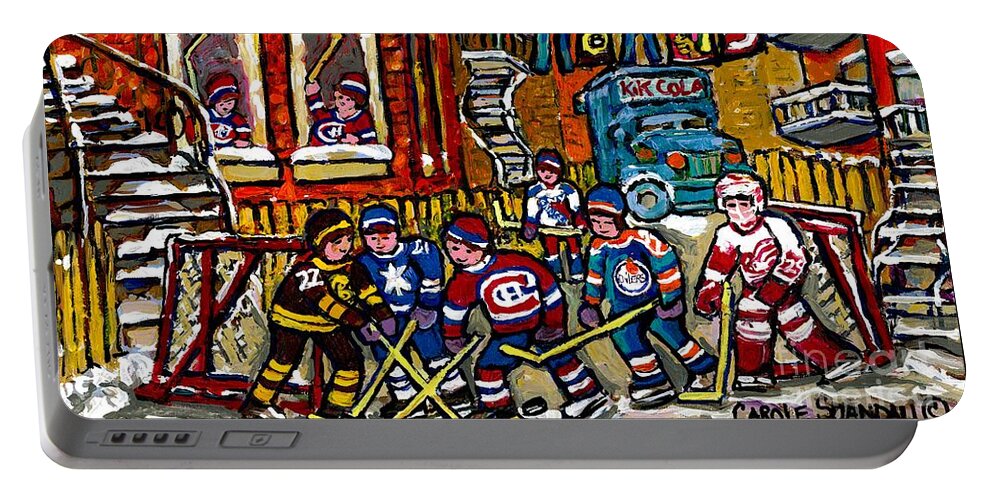 Montreal Portable Battery Charger featuring the painting Backlane Winter In The City Original Six Hockey Art Verdun Montreal Snowy Alley Laneway Canadian Art by Carole Spandau