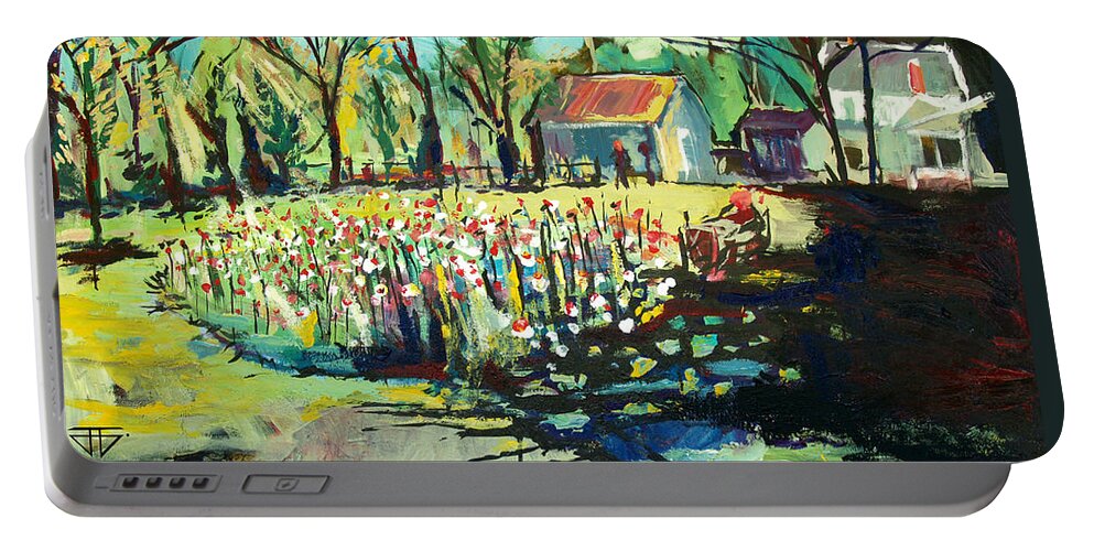  Portable Battery Charger featuring the painting Backyard Poppies by John Gholson