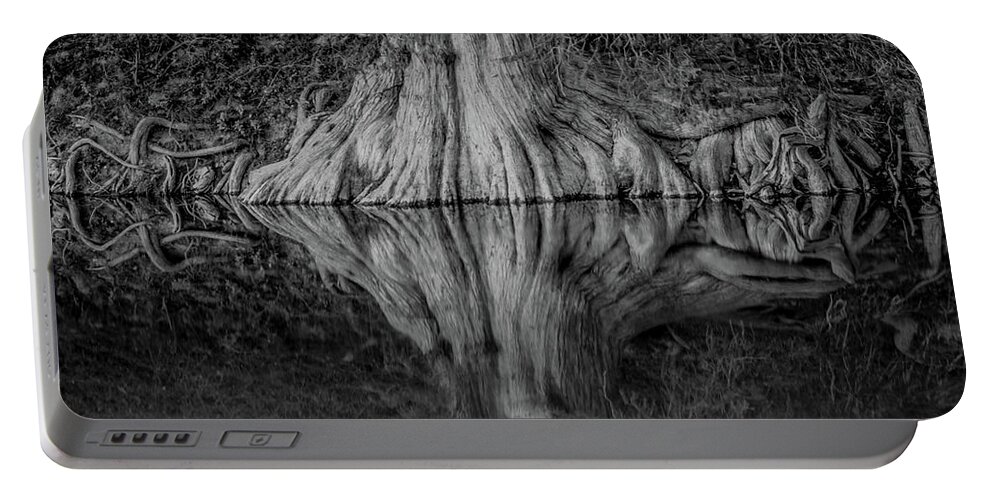 Bald Cypress Reflection In Black And White Michael Tidwell Guadalupe River Mike Tidwell Portable Battery Charger featuring the photograph Bald Cypress Reflection in Black and White by Michael Tidwell
