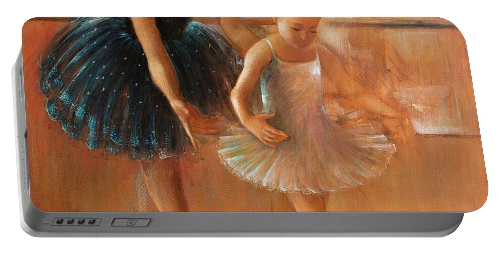 Ballet Portable Battery Charger featuring the painting ballet lesson-painting on leather by Vali Irina Ciobanu by Vali Irina Ciobanu
