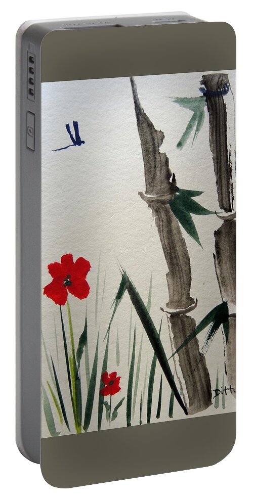 Chinese Brush Painting Portable Battery Charger featuring the painting Bamboo by Chrissey Dittus